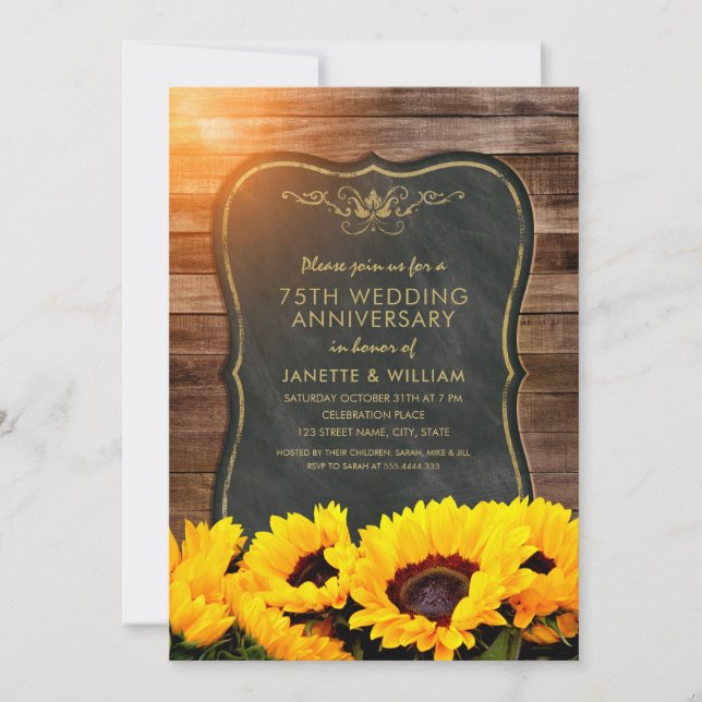 Invitación Aniversario de Bodas de Girasoles 75 años Rustico  (Anverso)
