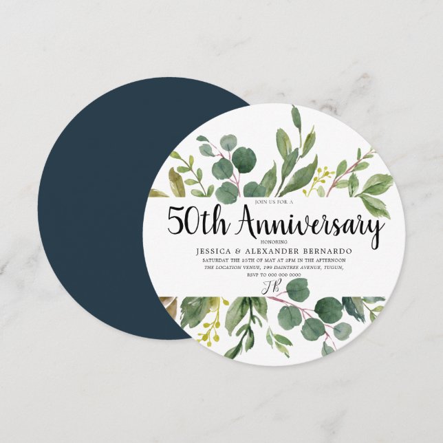 Invitación Aniversario de Bodas de Hoja Verde Acuarela 50 (Anverso / Reverso)