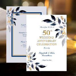 Invitación Aniversario de Bodas de Oro 50º Dorado y Azul Mari