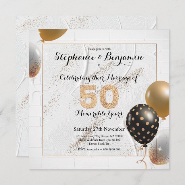 Invitación Aniversario de Bodas de Oro 50º Glitter Elegante (Anverso / Reverso)