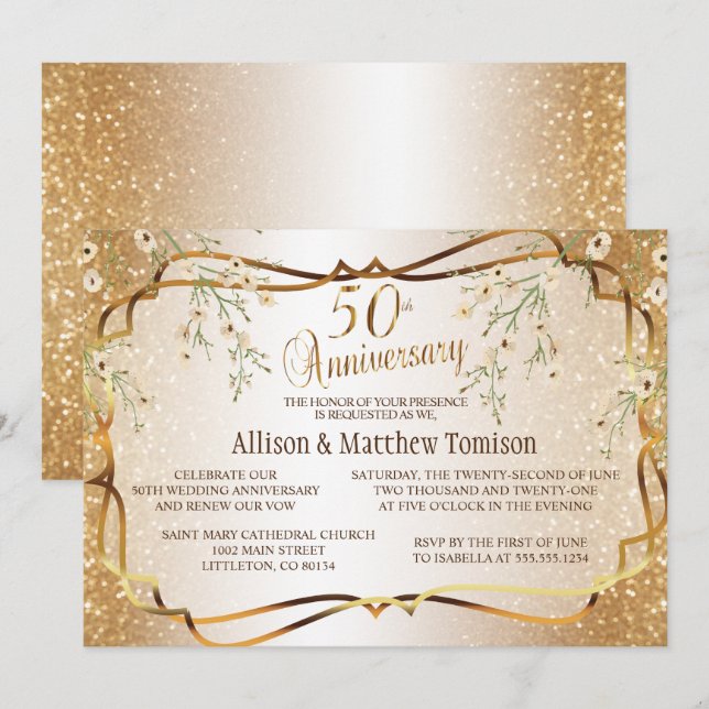 Invitación Aniversario de Bodas de Oro 50 con Brillo Dorado | (Anverso / Reverso)