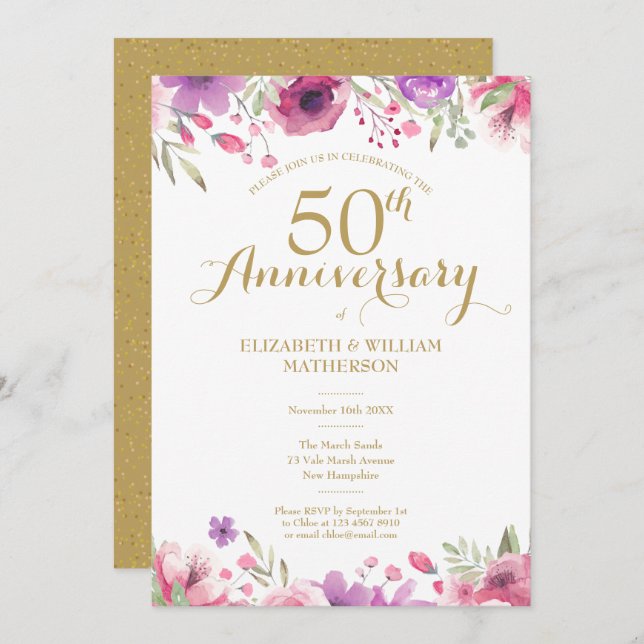 Invitación Aniversario de Bodas de Oro Acuarela Floral (Anverso / Reverso)