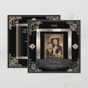 Invitación Aniversario de bodas de oro Art Deco negro sepia