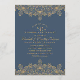Invitación Aniversario de Bodas de Oro Azul Marino Encaje Dor