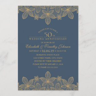 Invitación Aniversario de Bodas de Oro Azul Marino Encaje Dor