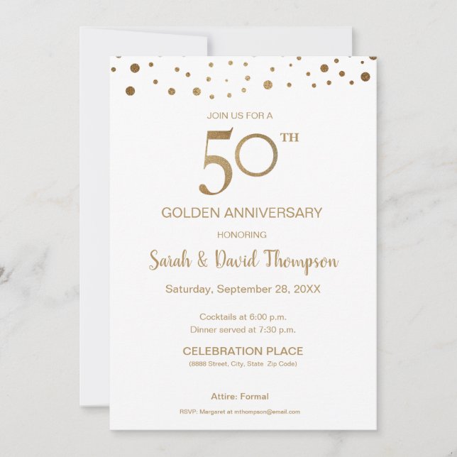 Invitación Aniversario de Bodas de Oro blanco dorado personal (Anverso)