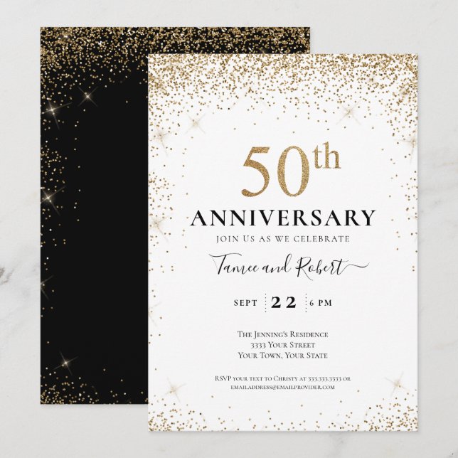 Invitación Aniversario de Bodas de Oro Blanco y Negro 50  (Anverso / Reverso)