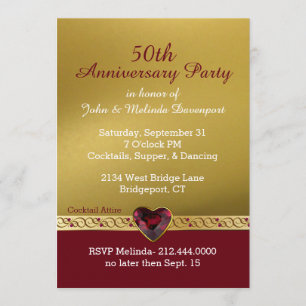 Invitación Aniversario de Bodas de Oro Chic en Oro y Rojo