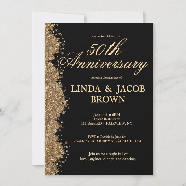 Invitación Aniversario de Bodas de Oro con Brillo Falso Dorad (Anverso)