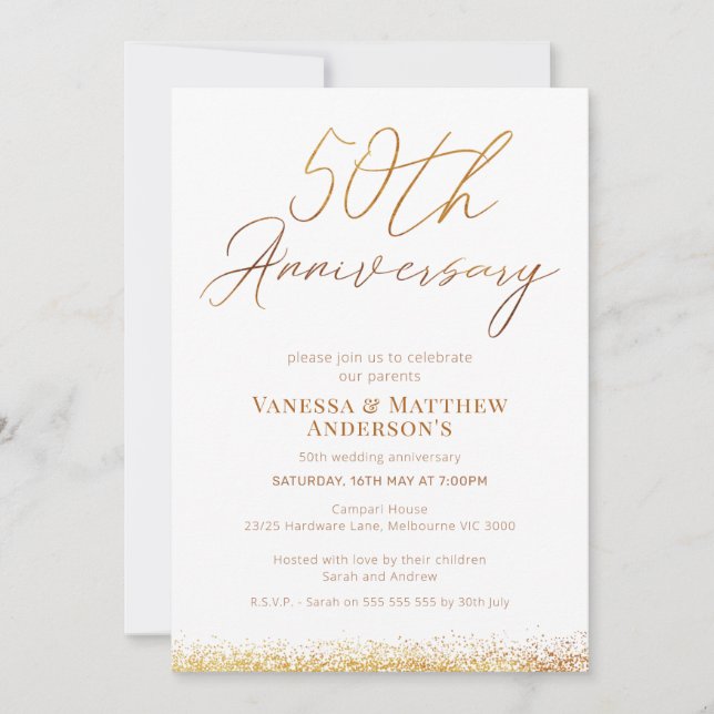 Invitación Aniversario de Bodas de Oro con Caligrafía en Dora (Anverso)