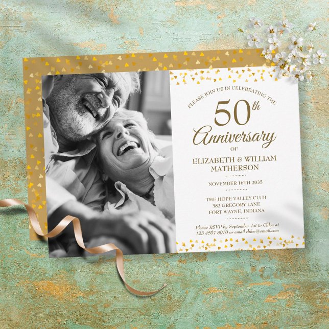 Invitación Aniversario de Bodas de Oro con Corazones Foto (Subido por el creador)