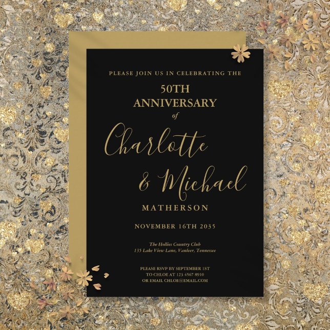 Invitación Aniversario de Bodas de Oro con Firma Negra Dorada (50th Wedding Anniversary Black Gold Signature Invitation)