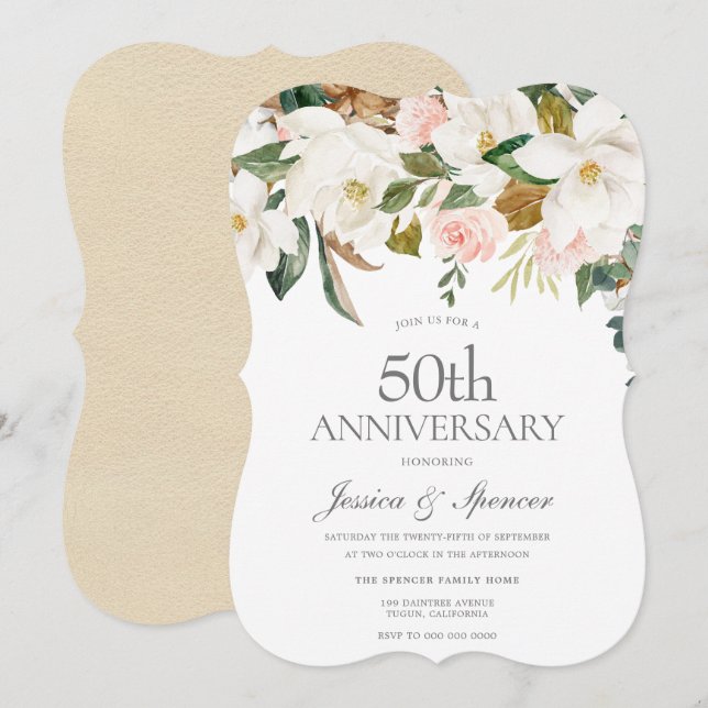 Invitación Aniversario de Bodas de Oro con Floral Blanco Rosa (Anverso / Reverso)