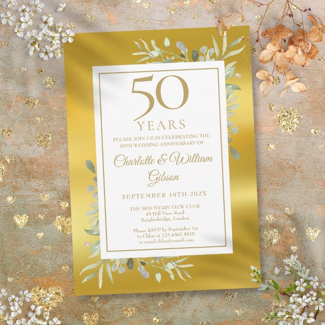 Invitación Aniversario de bodas de oro con follaje dorado (50th Wedding Anniversary Greenery Gold Foil Invitation)