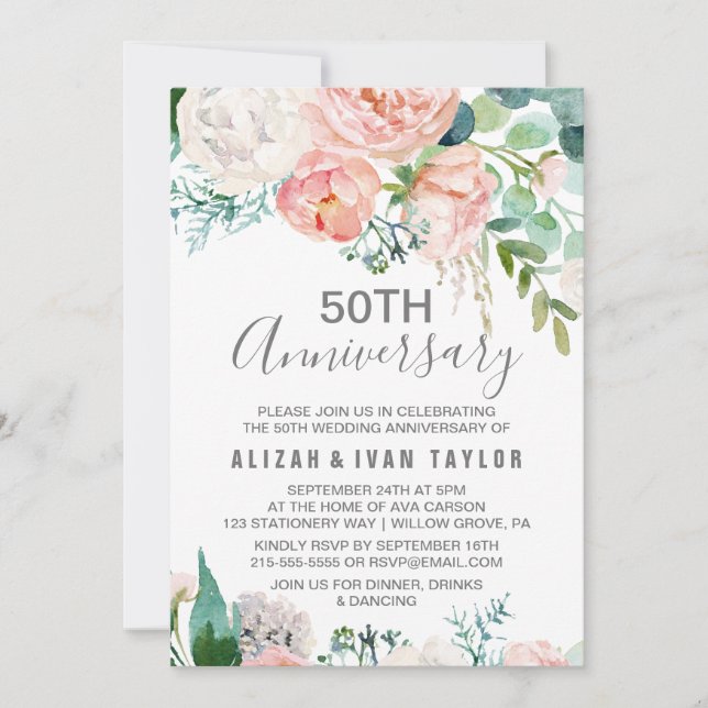 Invitación Aniversario de bodas de oro con peonías románticas (Anverso)