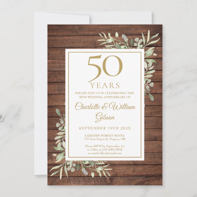 Invitación Aniversario de Bodas de Oro con Vegetación Rústica (Anverso)