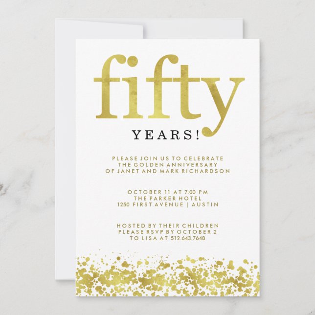 Invitación Aniversario de Bodas de Oro Confeti Dorado Falso (Anverso)
