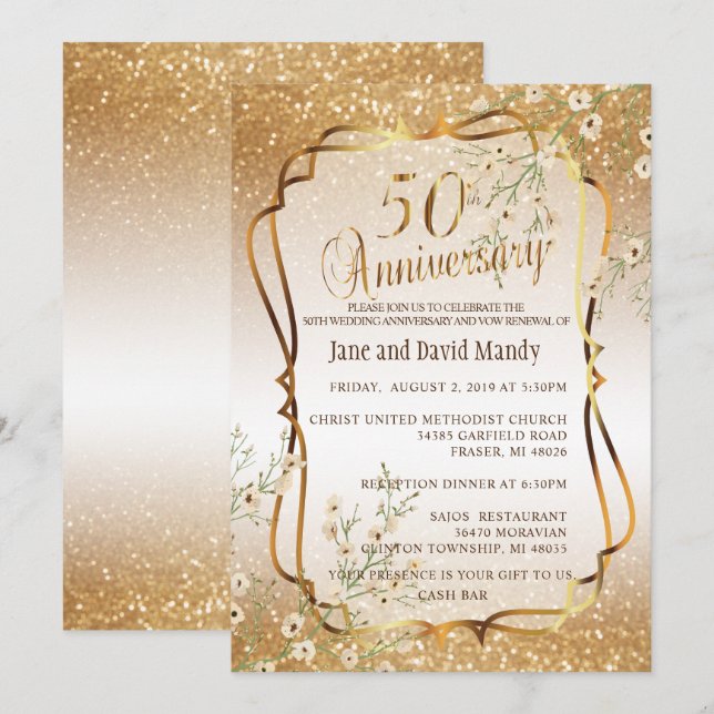 Invitación Aniversario de Bodas de Oro de 50 años con Brillo  (Anverso / Reverso)