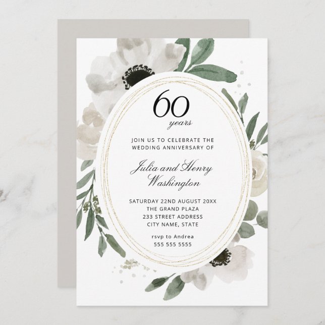 Invitación Aniversario de bodas de oro floral acuarela 60 (Anverso / Reverso)