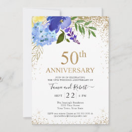Invitación Aniversario de Bodas de Oro Floral Azul Púrpura Do