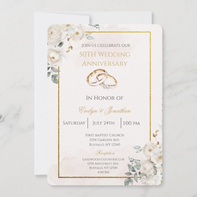 Invitación Aniversario de bodas de oro floral blanco (Anverso)