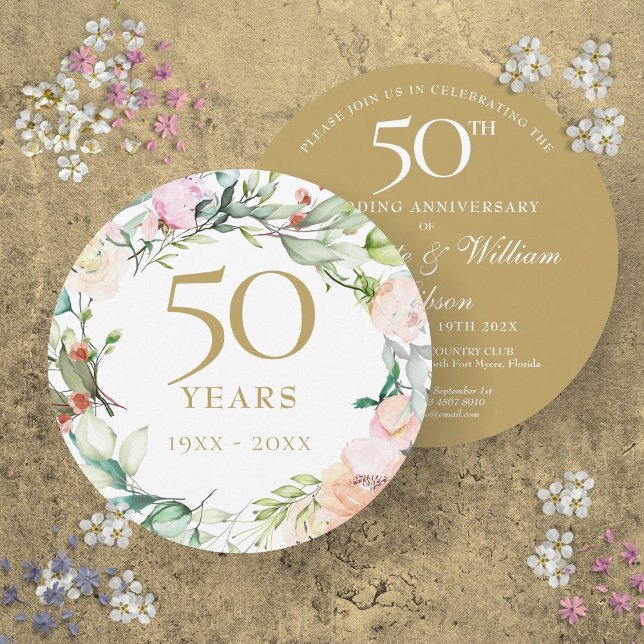 Invitación Aniversario de bodas de oro floral circular (50th Golden Wedding Anniversary Floral Circular Invitation)