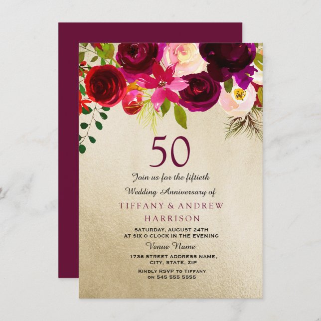 Invitación Aniversario de Bodas de Oro Floral en Oro y Borgoñ (Anverso / Reverso)