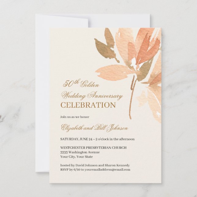 Invitación Aniversario de Bodas de Oro Floral Melocotón Crema (Anverso)
