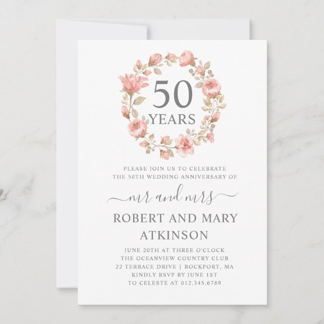 Invitación Aniversario de Bodas de Oro Floral Rosa (Anverso)