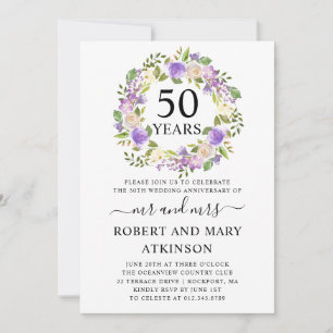 Invitación Aniversario de bodas de oro Flores Moradas Blancas