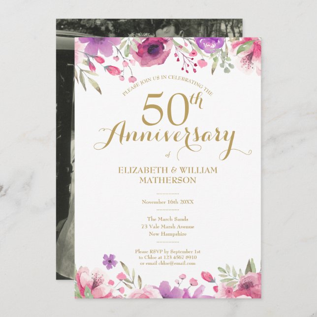Invitación Aniversario de Bodas de Oro Foto Rosas Acuarela (Anverso / Reverso)