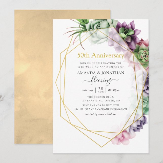 Invitación Aniversario de Bodas de Oro Geométrico Suculento (Anverso / Reverso)