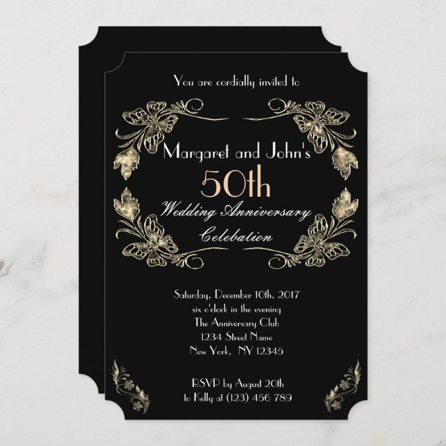 Invitación Aniversario de Bodas de Oro Glamuroso en Dorado y  (Anverso / Reverso)
