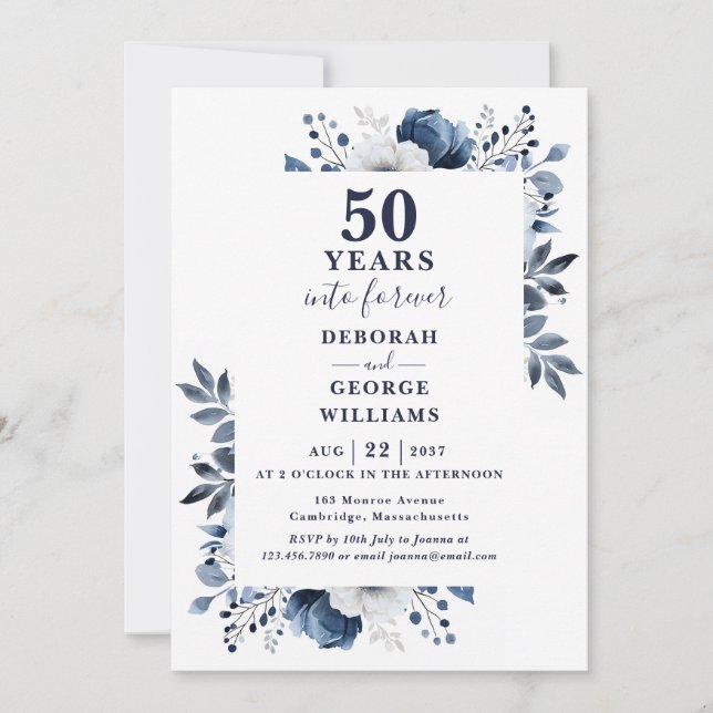 Invitación Aniversario de Bodas de Oro Monograma Floral Azul  (Anverso)