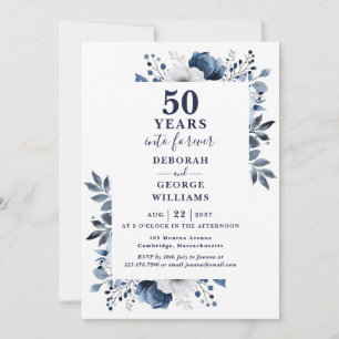 Invitación Aniversario de Bodas de Oro Monograma Floral Azul 