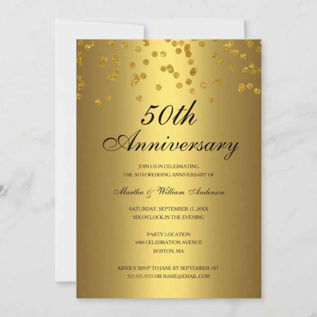 Invitación Aniversario de Bodas de Oro Negro Confeti 50 (Anverso)
