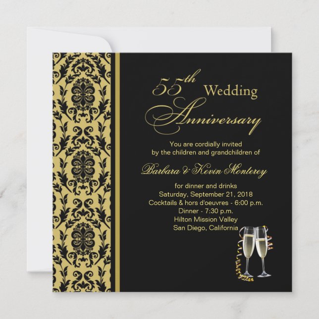 Invitación Aniversario de bodas de oro negro damasco 55 (Anverso)