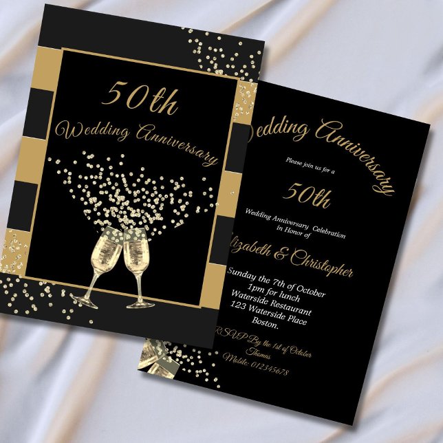 Invitación Aniversario de Bodas de Oro Negro Dorado Chic Eleg (Subido por el creador)