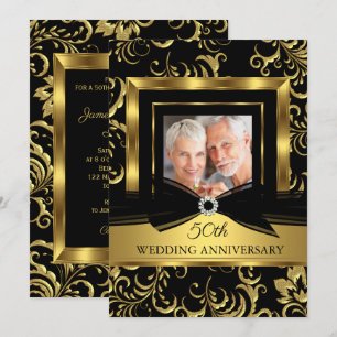 Invitación Aniversario de Bodas de Oro Negro Dorado Damask Fo