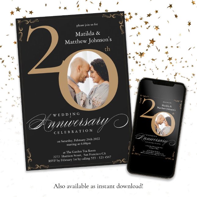 Invitación Aniversario de bodas de oro negro personalizado 20 (20th Wedding Anniversary Black Gold Calligraphy Invitation)