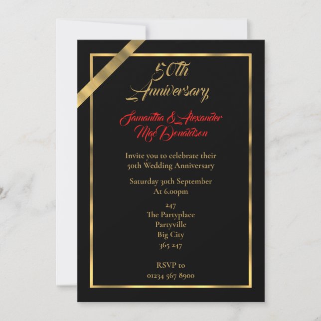 Invitación Aniversario de bodas de oro negro y dorado 50 (Anverso)