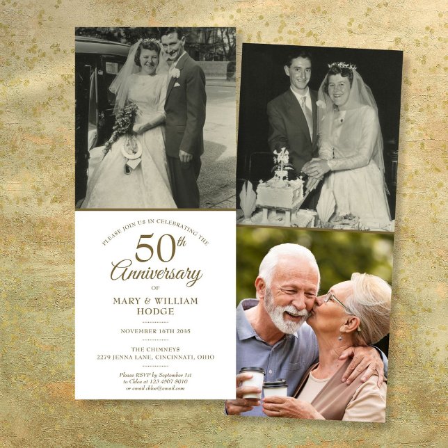 Invitación Aniversario de bodas de oro número 50 3 fotos (50th Golden Wedding Anniversary 3 Photo Invitation)