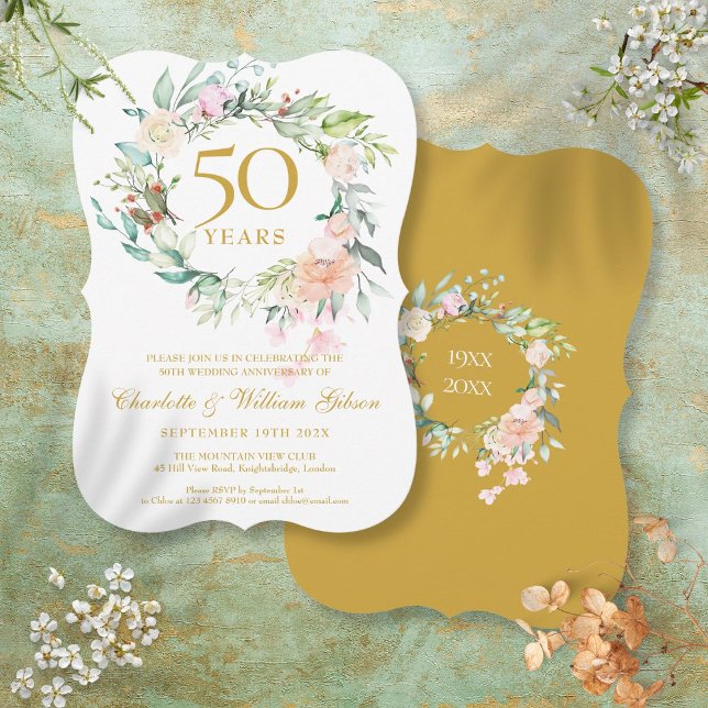 Invitación Aniversario de bodas de oro número 50 acuarela flo (50th Golden Wedding Anniversary Watercolor Floral Invitation)