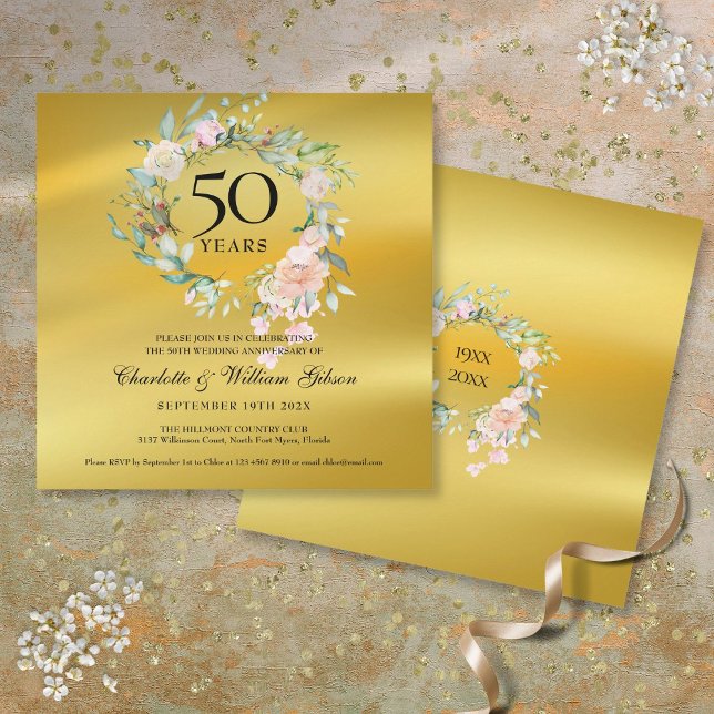 Invitación Aniversario de Bodas de Oro número 50 con Hojalata (50th Golden Wedding Anniversary Floral Gold Foil Invitation)