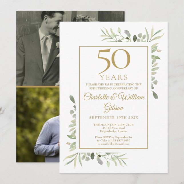 Invitación Aniversario de bodas de oro número 50 con vegetaci (Anverso / Reverso)