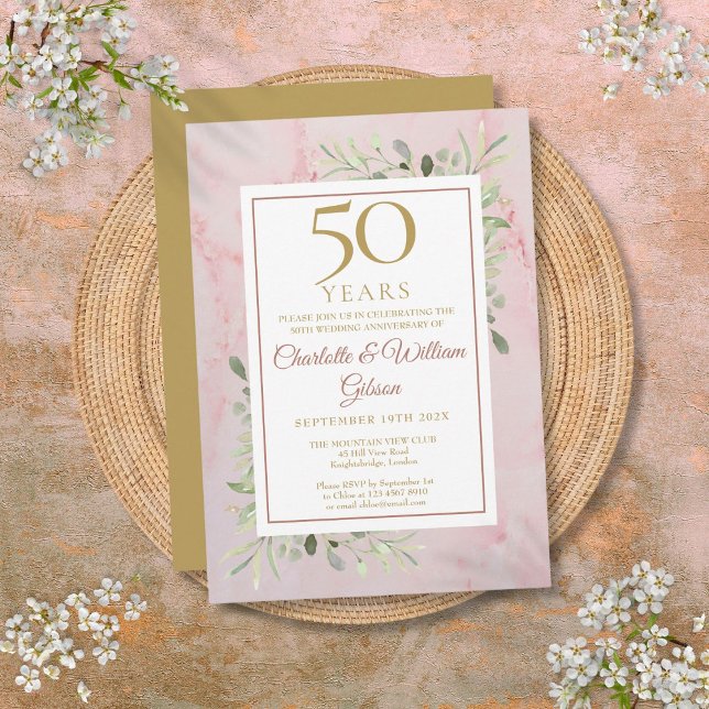 Invitación Aniversario de bodas de oro número 50 de verde (50th Golden Wedding Anniversary Greenery Invitation)