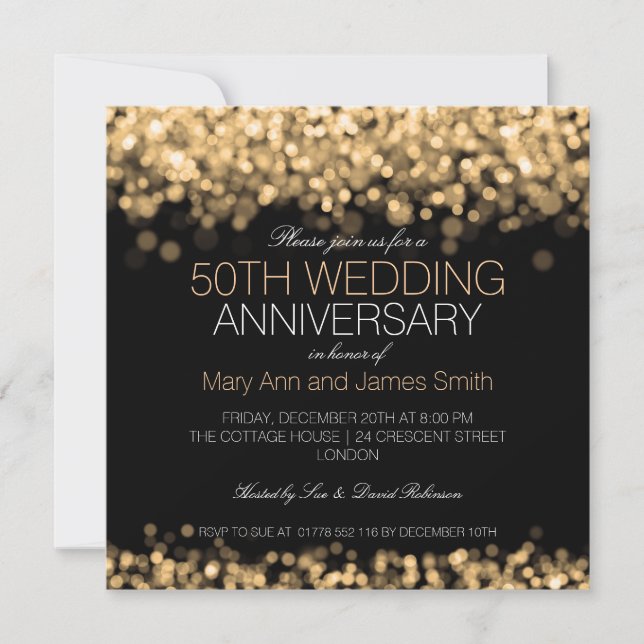 Invitación Aniversario de Bodas de Oro número 50 Luces Dorada (Anverso)