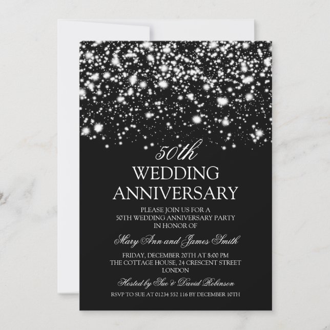 Invitación Aniversario de Bodas de Oro Plata Glam de Medianoc (Anverso)