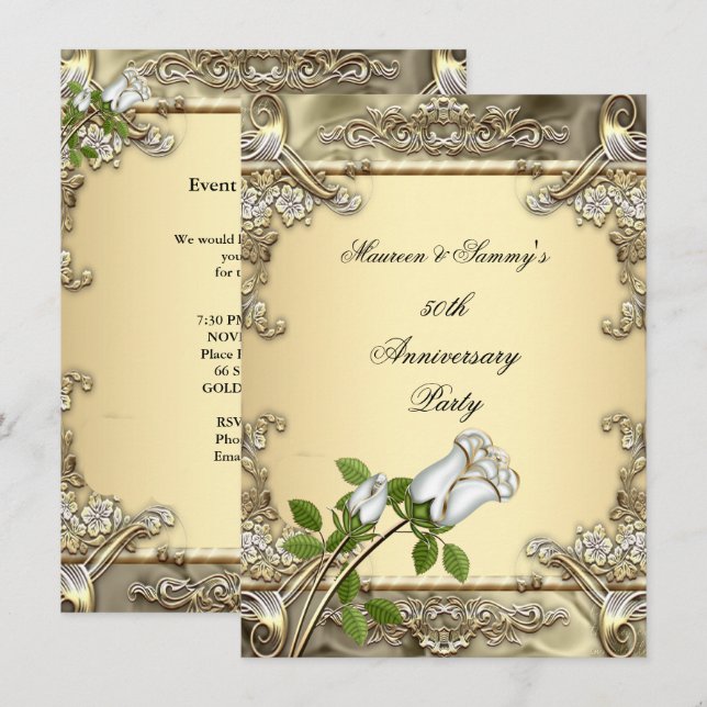 Invitación Aniversario de Bodas de Oro Rosa Dorada Crema (Anverso / Reverso)