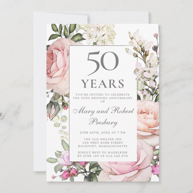 Invitación Aniversario de Bodas de Oro Rosa Floral (Anverso)